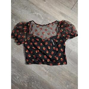 Hot Topic Women’s Puff Sleeve Sheer Blouse Strawberry Novelty Print Large NWT